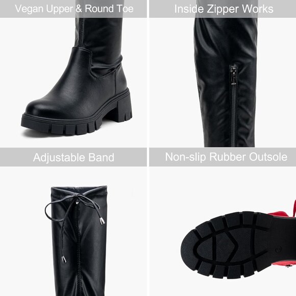 Women's Platform Boots-990-black Pu Over The Knee Thigh High Round Toe Long Boot - Picture 3 of 7